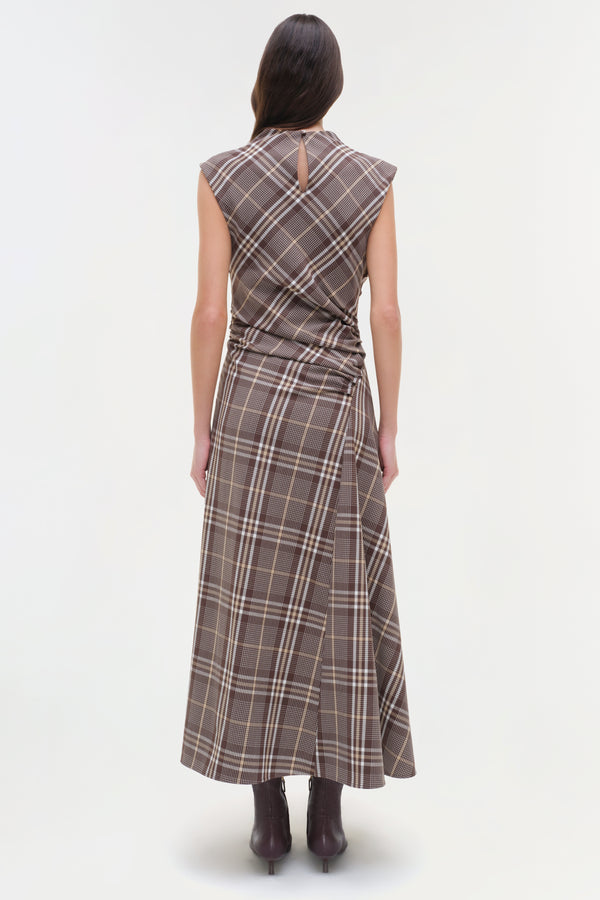 Jonathan Simkhai Burke Draped Midi Dress Chocolate Plaid