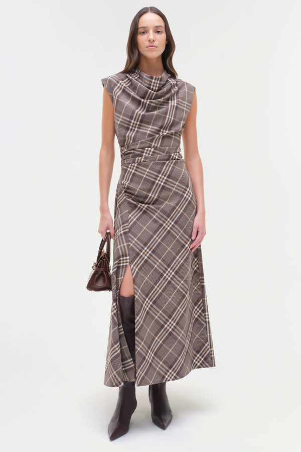 jonathan simkhai Burke Draped Midi Dress Chocolate Plaid
