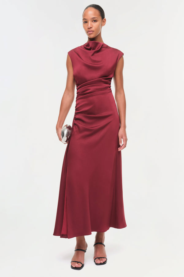 jonathan simkhai Burke Draped Satin Midi Dress Oxblood