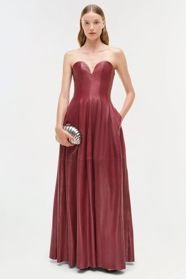 Jonathan Simkhai Carrington Leather Bustier Gown CRANBERRY
