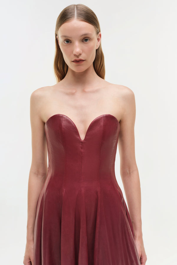Jonathan Simkhai Carrington Leather Bustier Gown CRANBERRY
