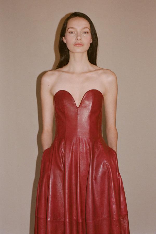 jonathan simkhai Carrington Leather Bustier Gown CRANBERRY