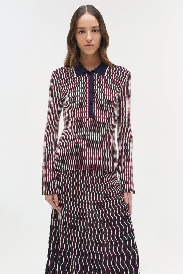 Jonathan Simkhai Colleen Knit Polo Top CRANBERRY MULTI