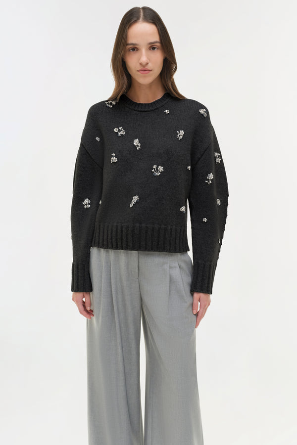 Jonathan Simkhai Coraline Embellished Knit Crewneck Black