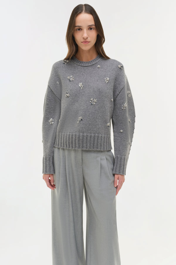 Jonathan Simkhai Coraline Embellished Knit Crewneck Heather Grey