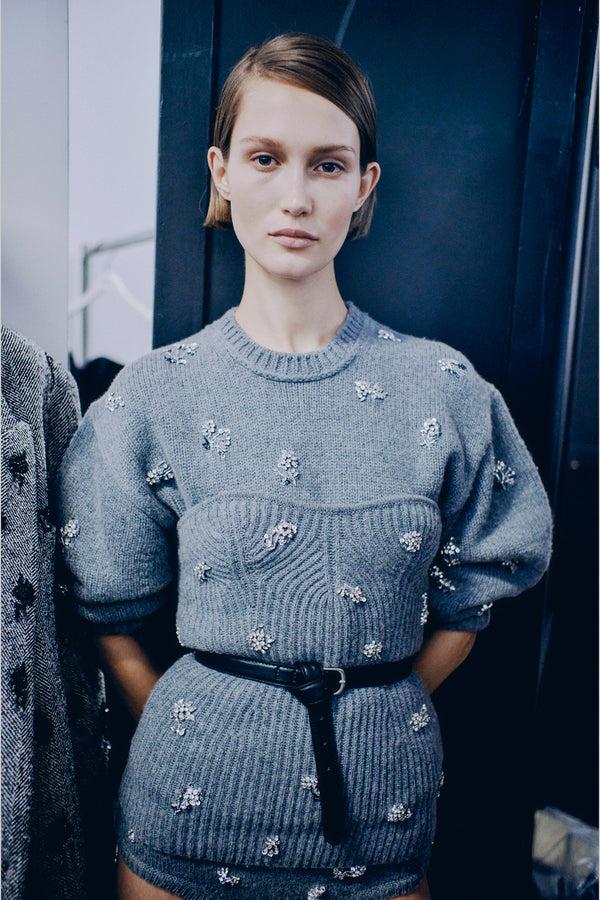 jonathan simkhai Coraline Embellished Knit Crewneck Heather Grey