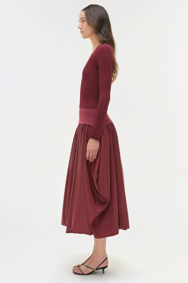 Jonathan Simkhai Corinn Taffeta Knit Midi Skirt CRANBERRY