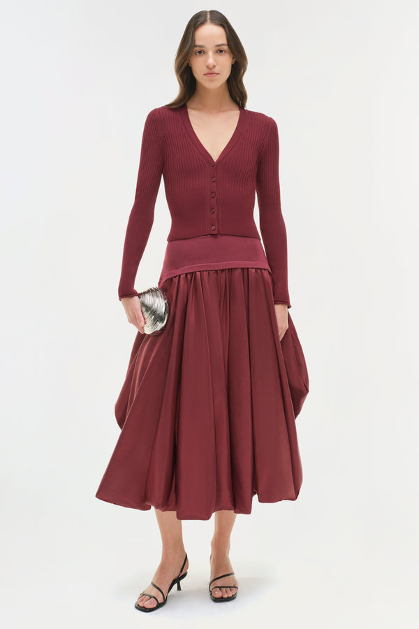 jonathan simkhai Corinn Taffeta Knit Midi Skirt CRANBERRY