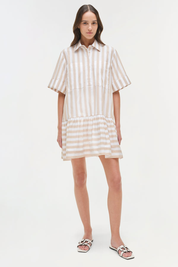 Jonathan Simkhai Cris Cotton Mini Shirt Dress Sand Stripe