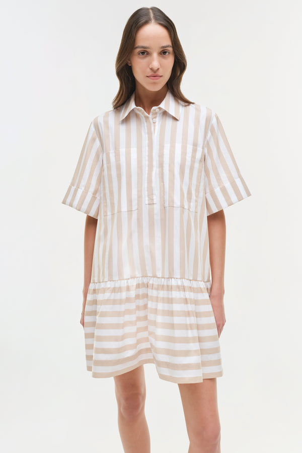 Jonathan Simkhai Cris Cotton Mini Shirt Dress Sand Stripe