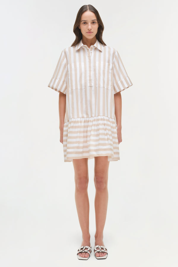 jonathan simkhai Cris Cotton Mini Shirt Dress Sand Stripe