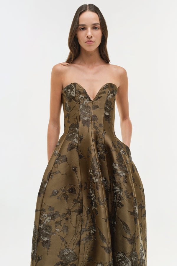 Jonathan Simkhai Elaria Jacquard Bustier Gown Bronze
