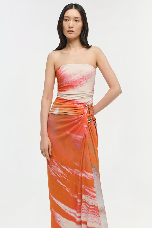 Jonathan Simkhai Emma Strapless Jersey Gown CORAL MARBLE PRINT