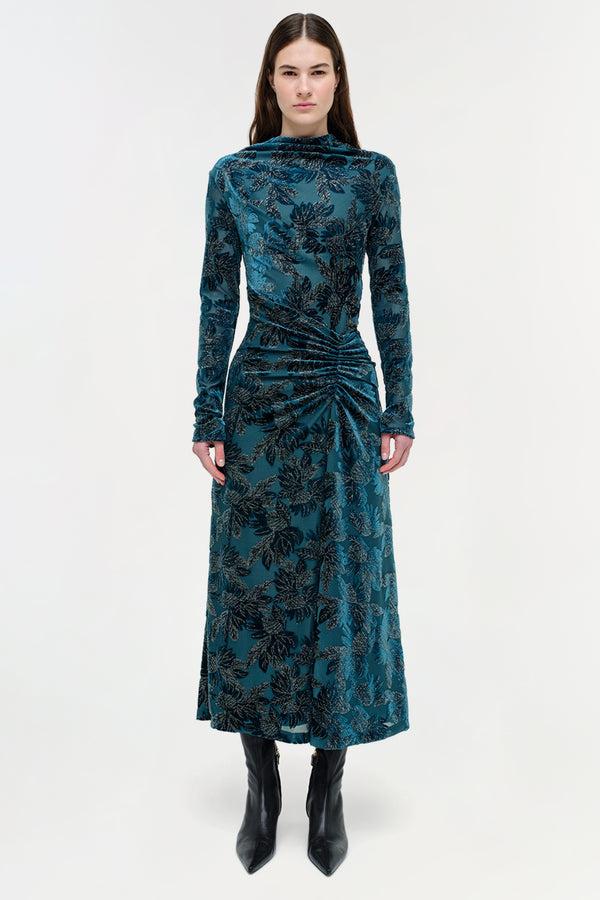 Jonathan Simkhai Ferrera Floral Velvet Midi Dress PETROL