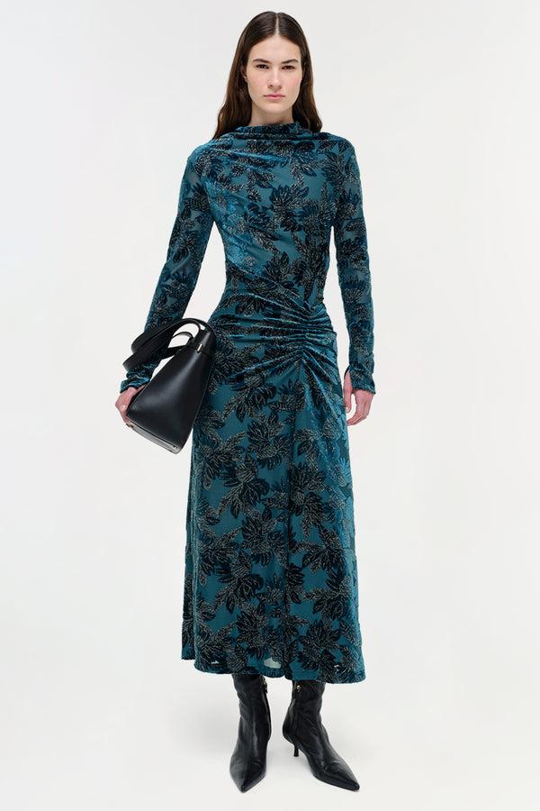 jonathan simkhai Ferrera Floral Velvet Midi Dress PETROL