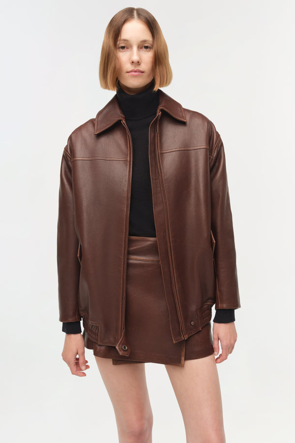 jonathan simkhai Huntington Oversized Leather Jacket DISTRESSED CHOCOLATE