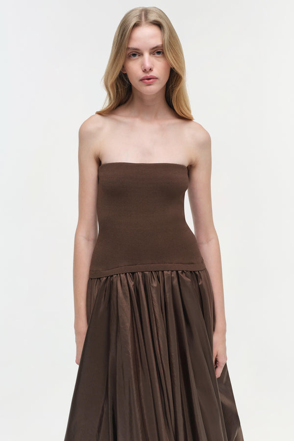 Jonathan Simkhai Izzy Strapless Taffeta Midi Dress COCOA