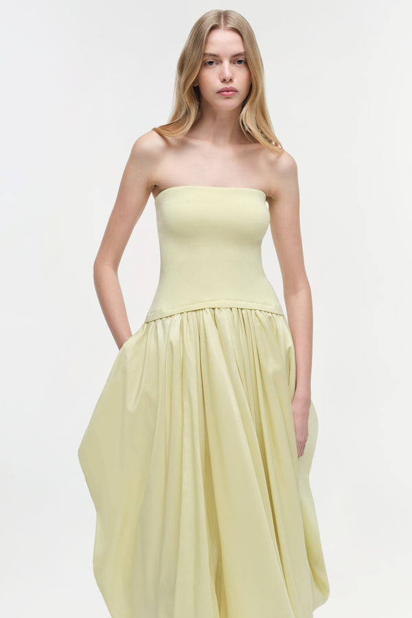 Jonathan Simkhai Izzy Strapless Taffeta Midi Dress SUNGLOW