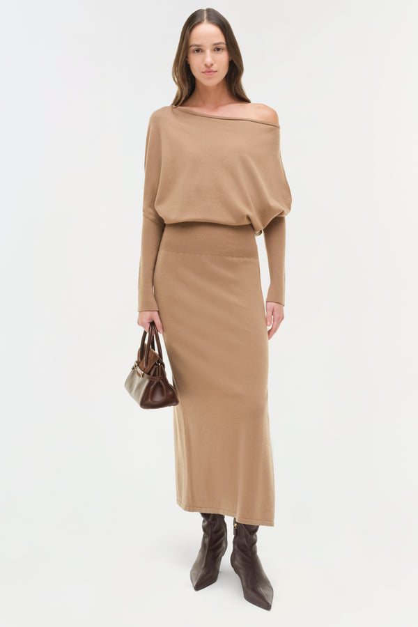 jonathan simkhai Janese Off Shoulder Midi Dress CAMEL