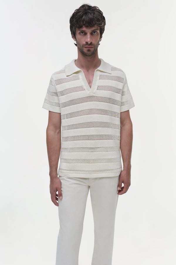 Jonathan Simkhai Calvin Striped Mesh Polo Ivory