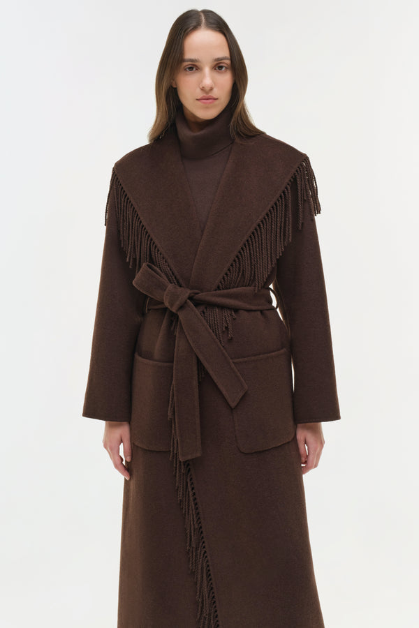 Jonathan Simkhai Carrie Fringe Coat CHOCOLATE