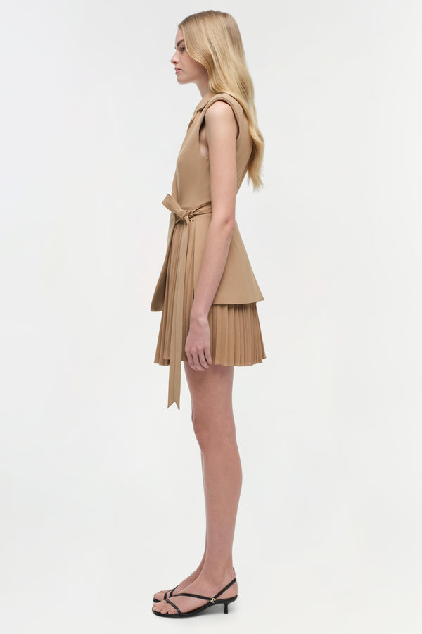 Jonathan Simkhai Eman Pleated Mini Dress CAMEL