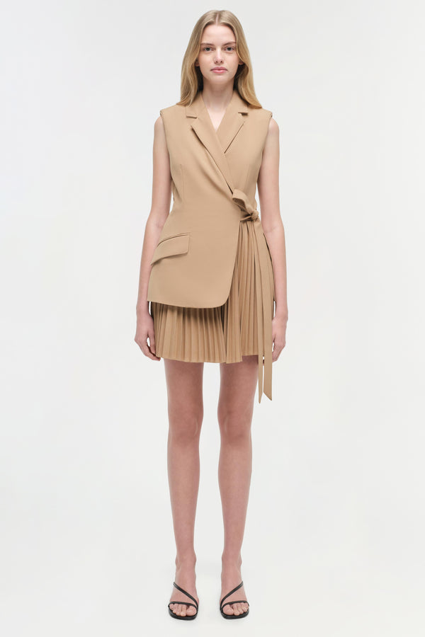 Jonathan Simkhai Eman Pleated Mini Dress CAMEL