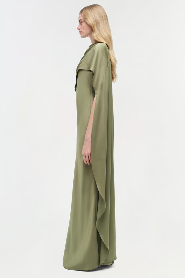 Jonathan Simkhai Izel Satin Cape Gown Olive