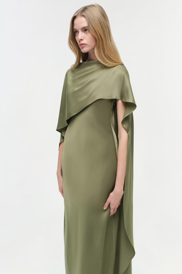 Jonathan Simkhai Izel Satin Cape Gown Olive