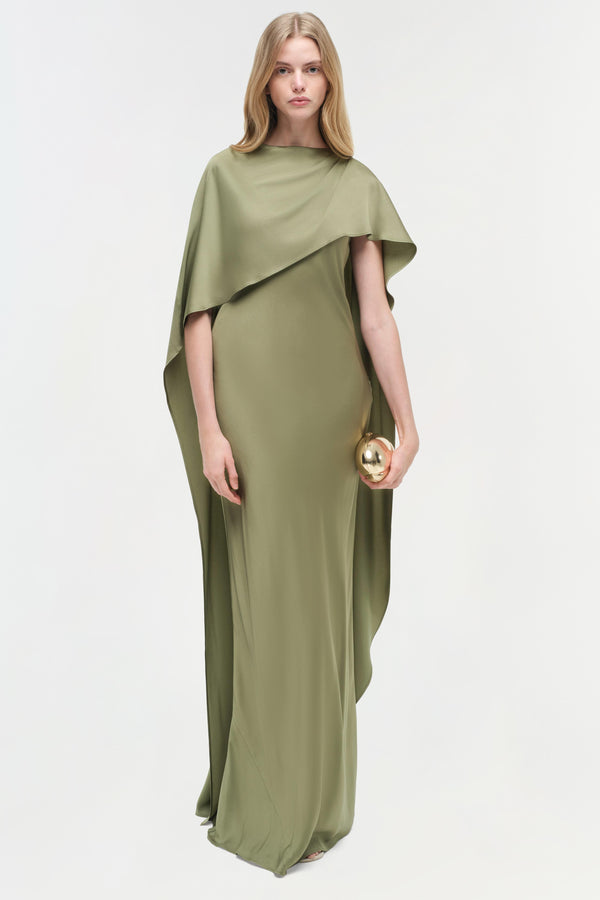jonathan simkhai Izel Satin Cape Gown Olive