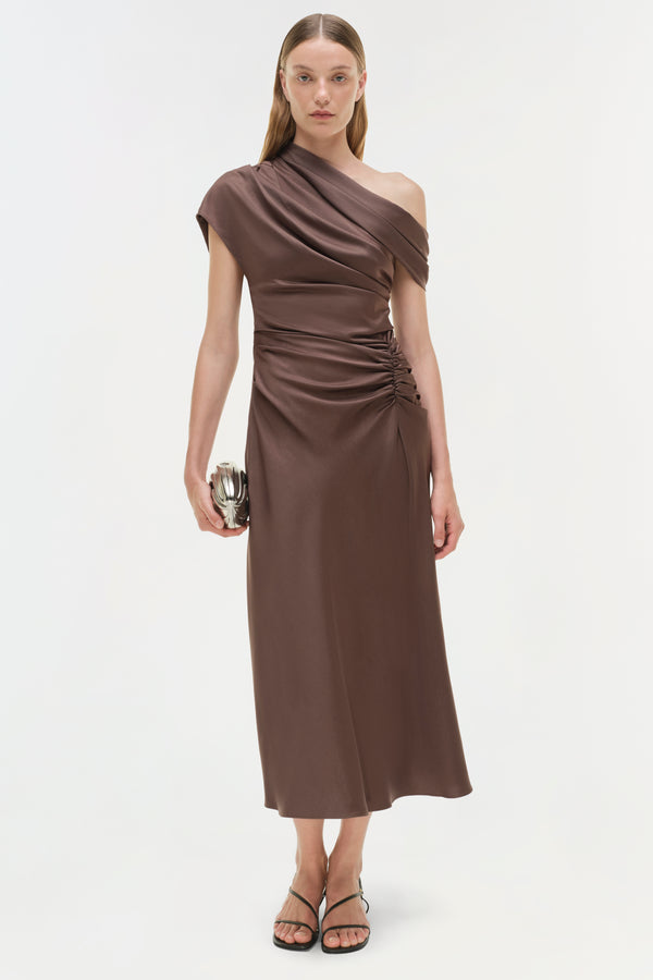 jonathan simkhai Joanna Satin Midi Dress COCOA