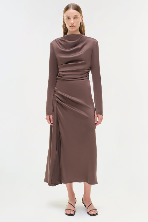 jonathan simkhai Odessa Satin Midi Dress CHOCOLATE