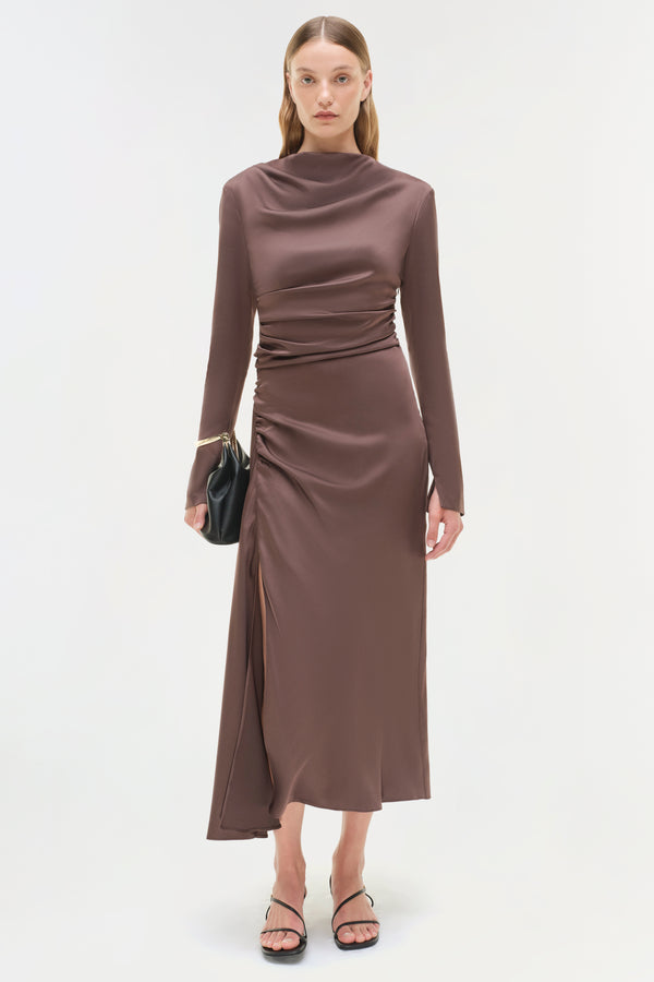 Jonathan Simkhai Odessa Satin Midi Dress CHOCOLATE