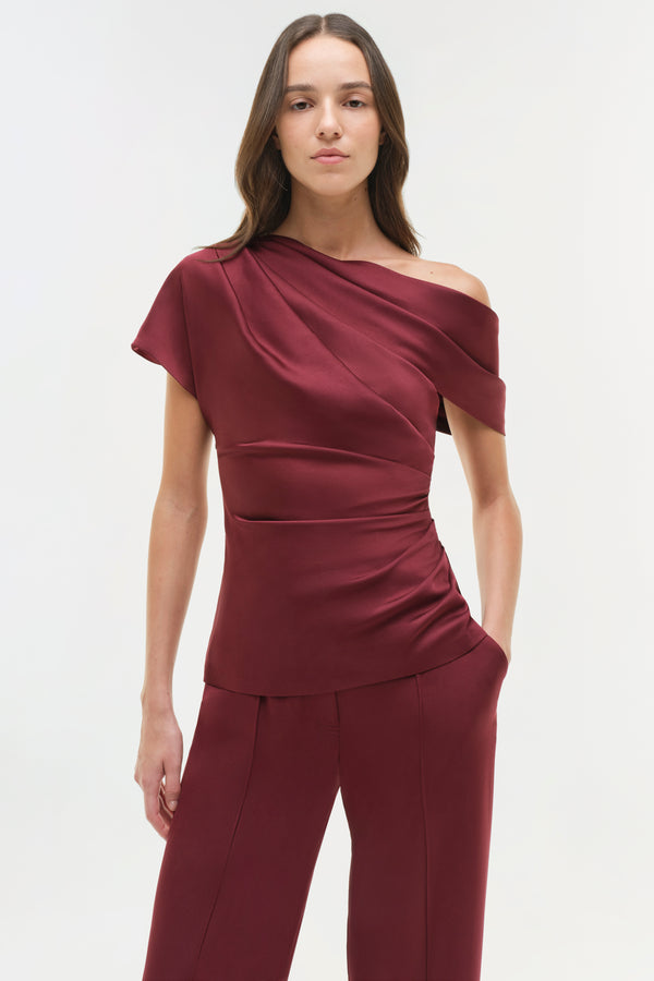 Jonathan Simkhai Phoebe Draped Satin Top CRANBERRY