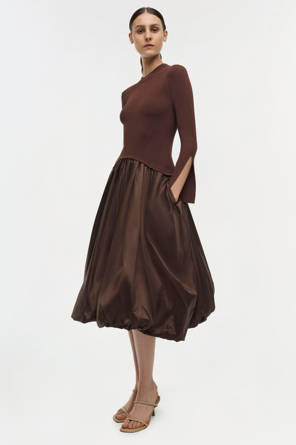 jonathan simkhai Kenlie Taffeta Knit Midi Dress CHOCOLATE