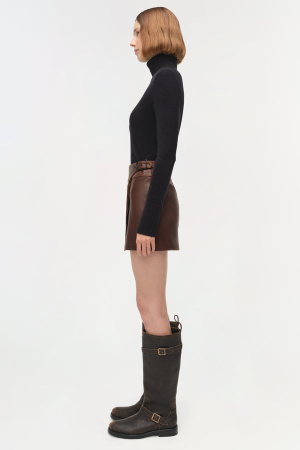 Jonathan Simkhai Madeline Leather Mini Skirt DISTRESSED CHOCOLATE