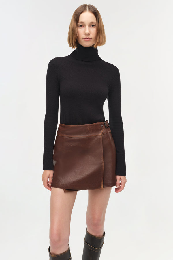 Jonathan Simkhai Madeline Leather Mini Skirt DISTRESSED CHOCOLATE