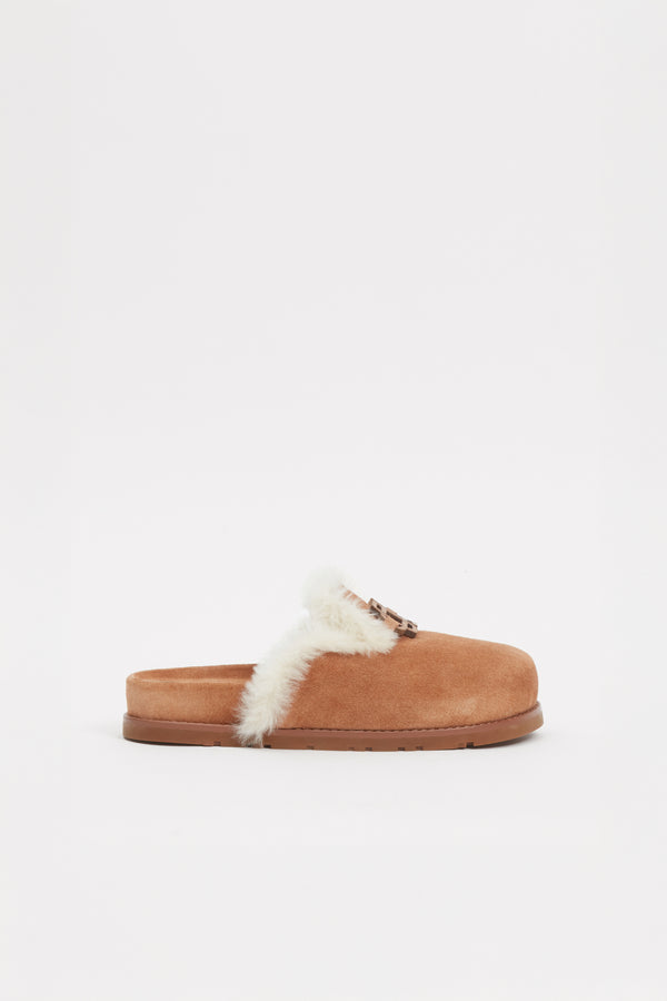 jonathan simkhai Mila Suede Shearling Slide CHESTNUT