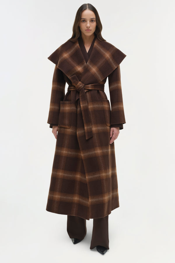 Jonathan Simkhai Mulhollond Wool Robe Coat Chocolate Plaid
