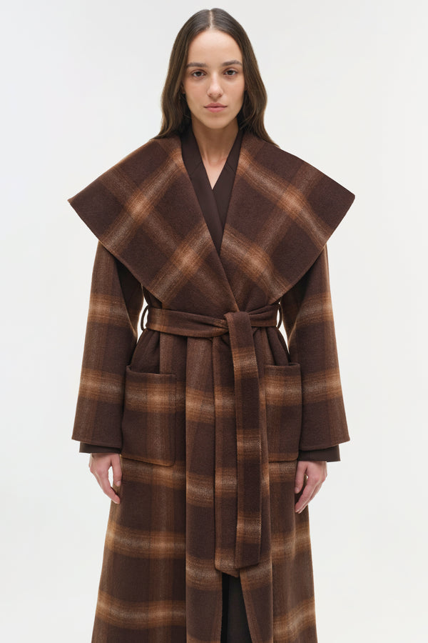 Jonathan Simkhai Mulhollond Wool Robe Coat Chocolate Plaid