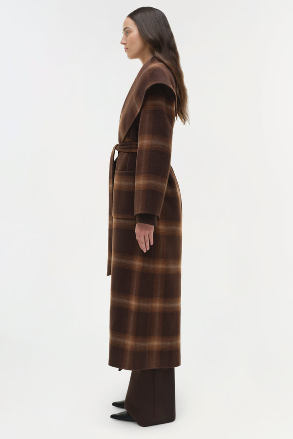 Jonathan Simkhai Mulhollond Wool Robe Coat Chocolate Plaid