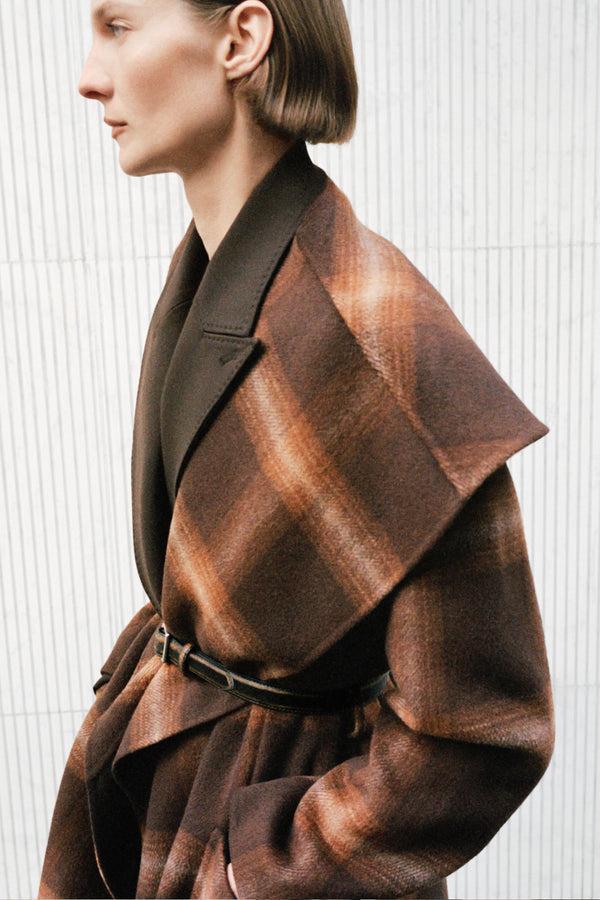 jonathan simkhai Mulhollond Wool Robe Coat Chocolate Plaid