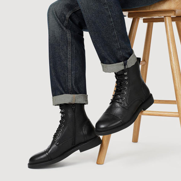 Jones Bootmaker Men's Davide Leather Wide-Fit Military Boots - Black Grain