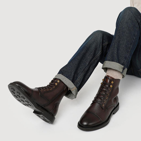 Jones Bootmaker Men's Davide Leather Wide-Fit Military Boots - Brown Grain