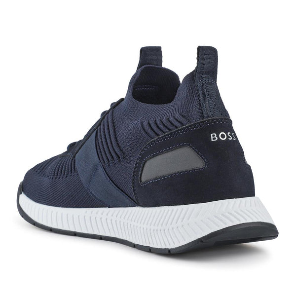 Jones Bootmaker Men's Knitted-Upper Trainers W/ Branding & Suede Trims - Navy