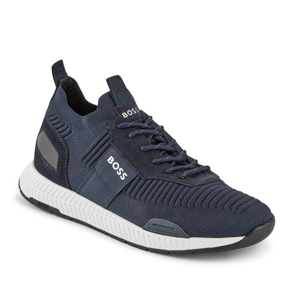 jones bootmaker Men's Knitted-Upper Trainers W/ Branding & Suede Trims - Navy