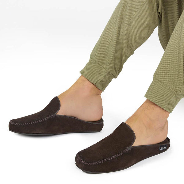 Jones Bootmaker Men's Yarmouth Leather Moccasin Slippers - Dark Brown Suede