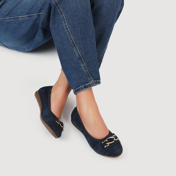 Jones Bootmaker Outlet Yvette Leather Wide-Fit Ballet Pumps - Navy Suede