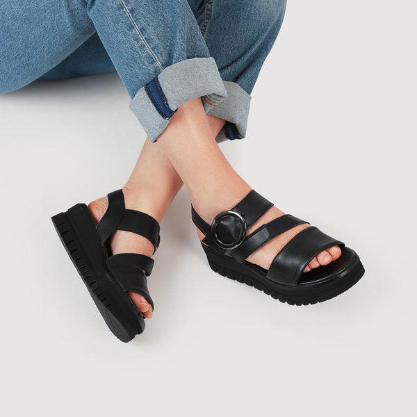 Jones Bootmaker Women's Amarillo Gabor Leather Chunky Buckled Sandals - Black