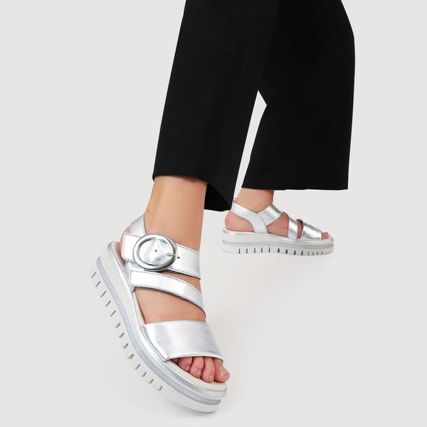 Jones Bootmaker Women's Amarillo Gabor Leather Chunky Buckled Sandals - Metallic